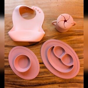 Silicone Baby Feeding Set - Pink Bib, Suction Plate & Snack Cup